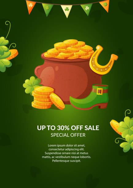 Leprechaun magic pot full of golden coins. Saint Patrick's Day vector holiday poster design. march month stock illustrations