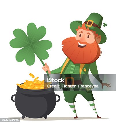 istock Leprechaun with a pot of gold and four leaf clover 866324994