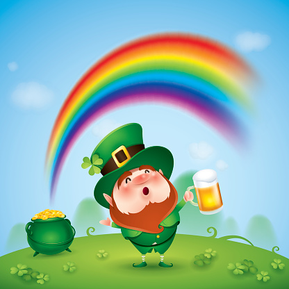Leprechaun with pot of gold at the end of rainbow