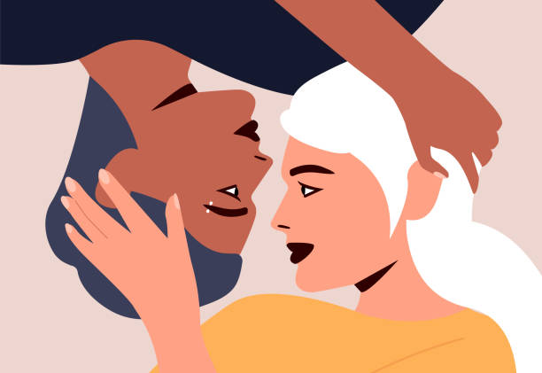 lesbian couple. portrait of adorable young women looking into each other eyes. interracial homosexual romantic partners on date. lgbtq love, relationships, passion concept. flat design. - 同性情侶 插圖 幅插畫檔、美工圖案、卡通及圖標