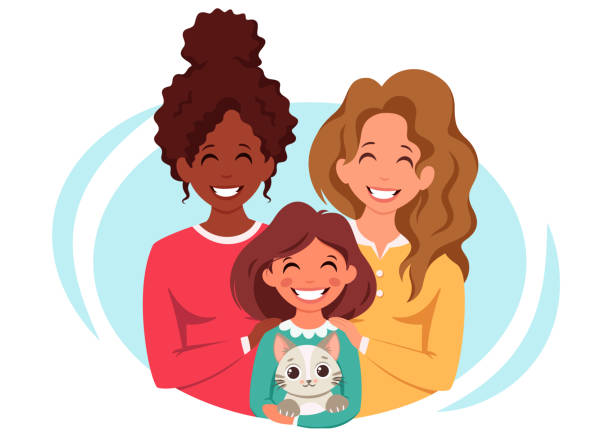 Lesbian family with daughter and cat. LGBT family. Vector illustration.  african american mothers day stock illustrations