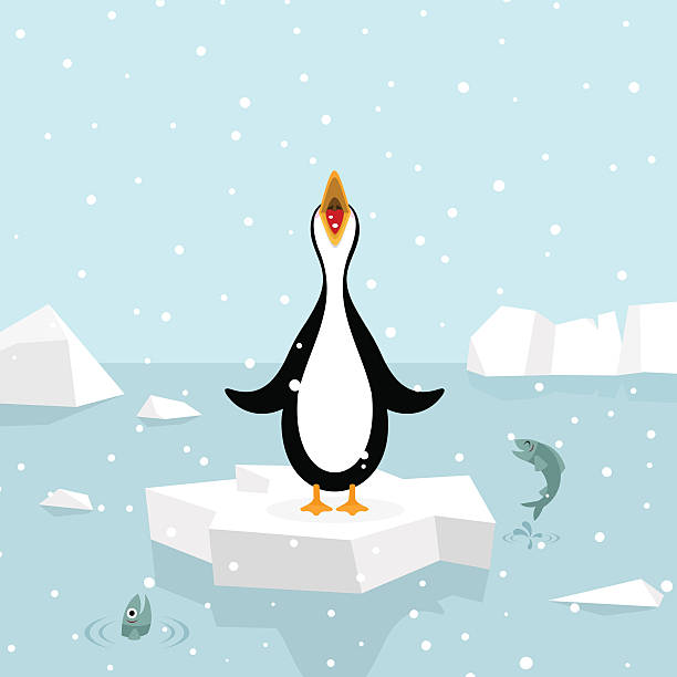 Let it snow. Penguin eating snowflakes. vector art illustration