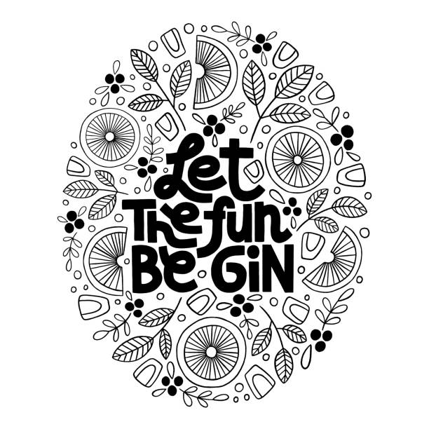 Let the fun be gin Hand-drawn lettering quote. Let the fun be Gin. Humour quote, phrase for social media, poster, card, banner, t-shirts, wall art, bags, stickers, Vector lettering isolated on white background. gin stock illustrations