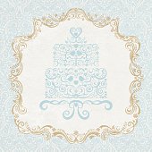 Lacy style, vintage inspired Marie Antoinette cake with ornate frame and damask wallpaper background. Layered file. Texture can be easily removed.