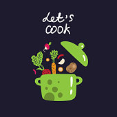 istock Let's cook hand drawn inscription with saucepan and vegetables. Food vector poster. 1395517481