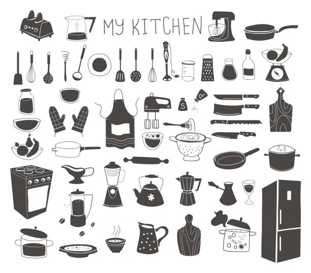 Lets Cook - Kitchen silhouette doodle vector icon set. Lets Cook - Kitchen silhouette doodle vector icon set. kitchen silhouettes stock illustrations
