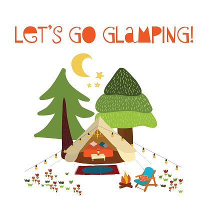 Lets go glamping - summer camping scene vector illustration. Boho teepee tent. Camp night scene