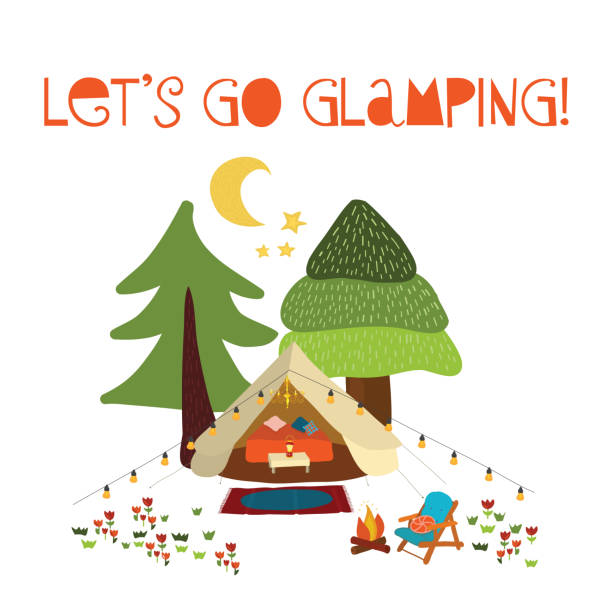 glamping - 夏キャンプ シーン ベクトル図を行くことができます。自由奔放に生きるティーピー テント。キャンプの夜のシーン - グランピング点のイラスト素材／クリップアート素材／マンガ素材／アイコン素材