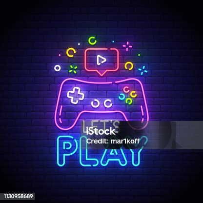 istock Let's Play neon sign, bright signboard, light banner. Game  symbol neon, emblem. Vector illustration 1130958689