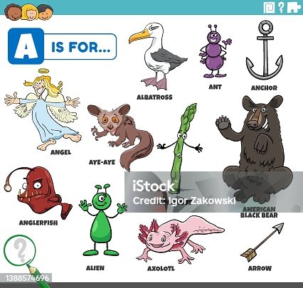 istock letter a words educational set with cartoon characters 1388574696