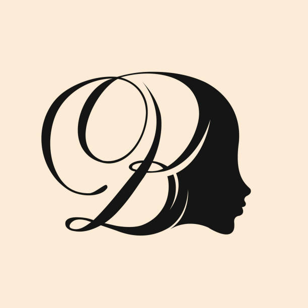 Letter B and beautiful woman face silhouette.Beauty salon calligraphic logo.Alphabet initial. Lettering sign with script initial and profile view of an elegant lady in monochrome color. fancy letter b silhouettes stock illustrations