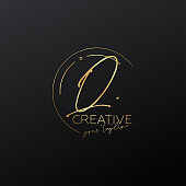Q letter calligraphy minimal monogram emblem style vector logo. Gold color and black background.