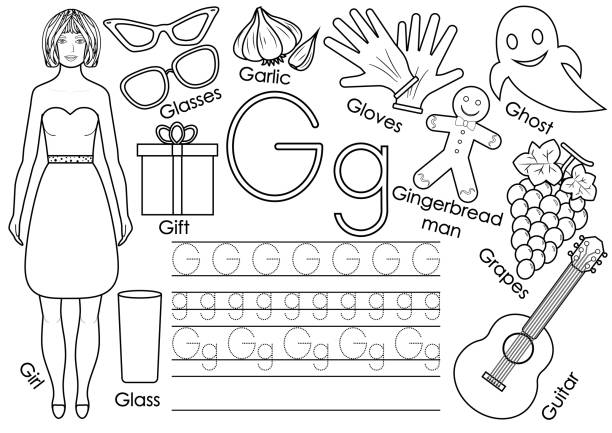 Letter G. English alphabet. Writing practice. Educational game for children. Coloring book. Letter G. English alphabet. Writing practice. Educational game for children. Coloring book. gingerbread man coloring page stock illustrations