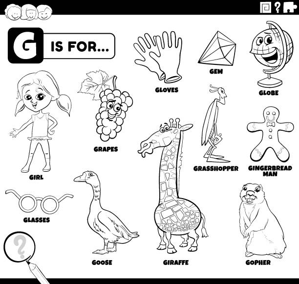 letter g words educational set coloring book page Black and white educational cartoon illustration of comic characters and objects starting with letter G set for children coloring book page gingerbread man coloring page stock illustrations