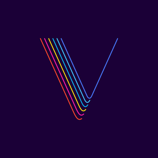 V letter logo in neon light style. Six thin lines colored font. Perfect for casino events posters, vivid emblem, nightlife banner and futuristic identity. letter v stock illustrations
