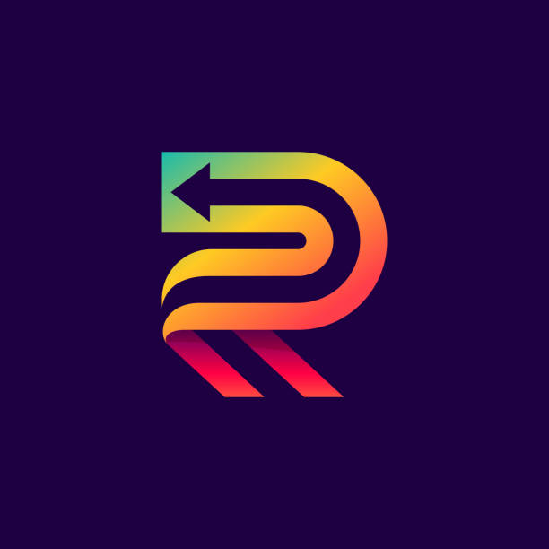 Letter R logo with arrow inside. Vector bright colours typeface for delivery labels, business headlines, finance posters, sport cards etc. letter r stock illustrations