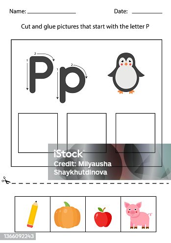 istock Letter recognition for kids. Cut and glue. Letter P. 1366092243