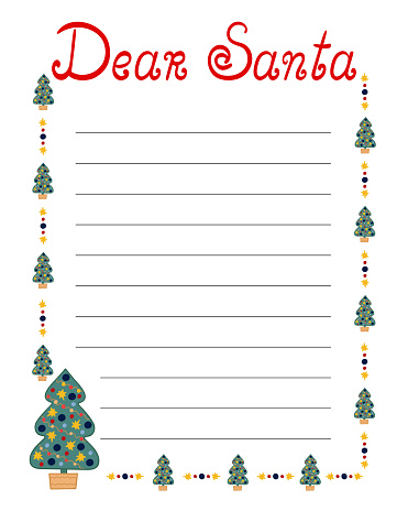 Letter to Santa Claus template vector illustration, Christmas wish list blank worksheet with lines for kids to fill in