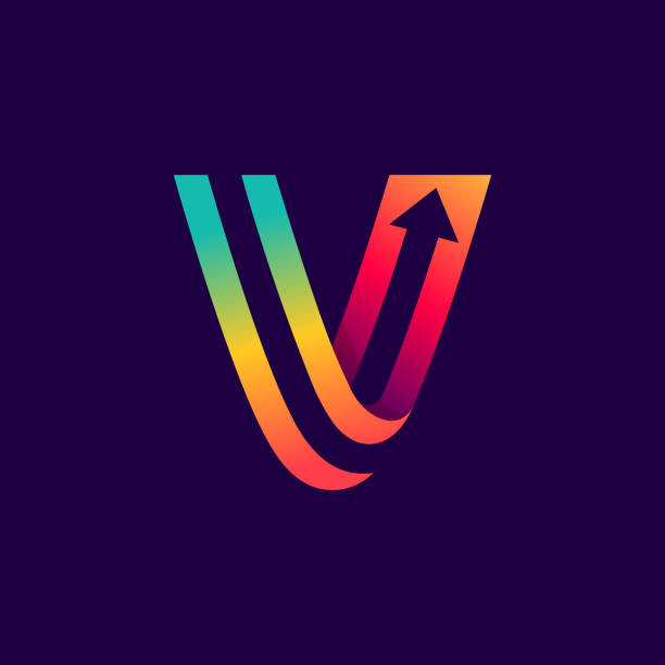 Letter V logo with arrow inside. Vector bright colours typeface for delivery labels, business headlines, finance posters, sport cards etc. letter v stock illustrations