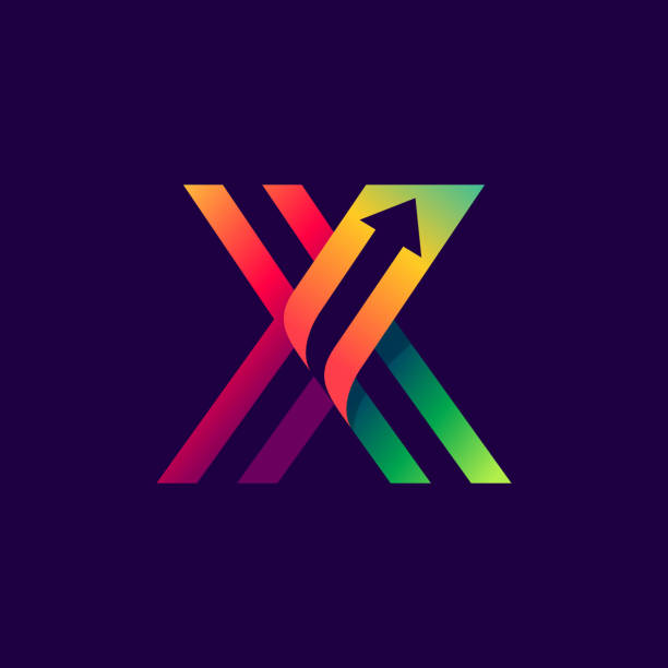 Letter X logo with arrow inside. Vector bright colours typeface for delivery labels, business headlines, finance posters, sport cards etc. xes stock illustrations