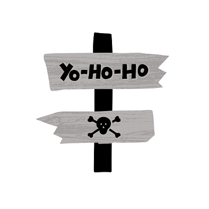 Lettering phrase yo-ho-ho, skull and crossbones on the wooden signs