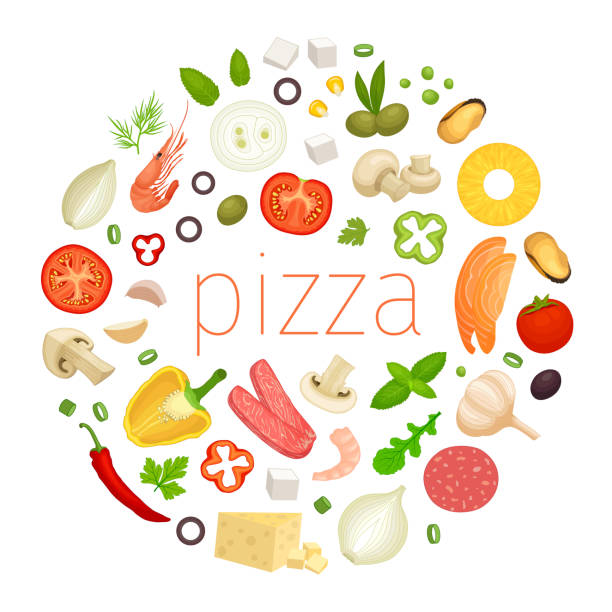 Lettering Pizza with ingredients around. Round vector frame. Template Round frame with various pizza ingredients isolated on white background. Template for pizzeria menu, box or advertisement. Vector illustration with place for text. Tradition Italian cuisine and food. cheese borders stock illustrations