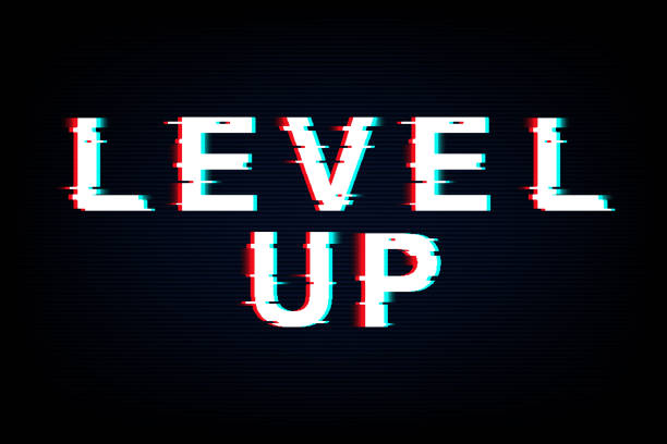 Level Up words in neon glitch style vector art illustration