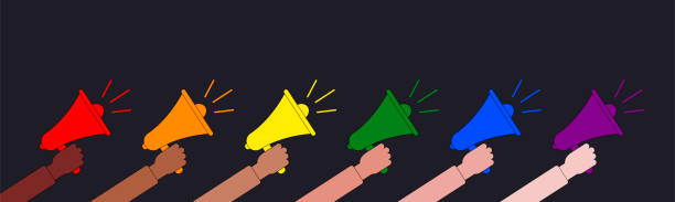 ilustraciones, imágenes clip art, dibujos animados e iconos de stock de concepto del mes del orgullo lgbt. banner web lgbt. cartel de la comunidad lgbt, que sale people.rainbow poster para las redes sociales. pancarta contra la discriminación de género. altavoces de color arco iris. desfile del orgullo gay. desfile del orgul - nyc pride parade
