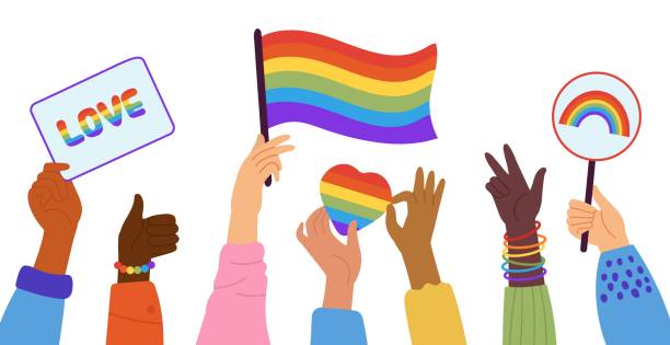 Lgbtq banner. Gay community, hands hold flag and rainbow heart. Lgbt crowd protest, love and romantic parade. Pride together, support decent vector concept vector art illustration