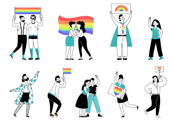 Lgbtq person. Pride young people, lgbt community. Homosexual parade, cartoon gay lesbian couple in love hold rainbow banner decent vector set vector art illustration