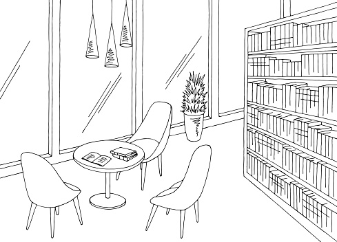Library interior graphic black white modern sketch illustration vector