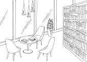 istock Library interior graphic black white modern sketch illustration vector 1338637781