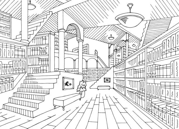Library interior graphic black white sketch illustration vector  drawing of a bookshelf stock illustrations