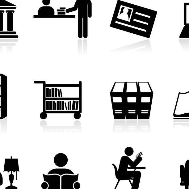 ilustrações de stock, clip art, desenhos animados e ícones de biblioteca da escola e educação em preto e branco vector conjunto de ícones - balcão computador
