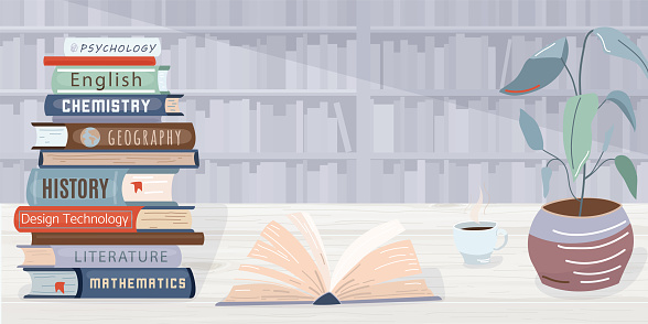 Library vector background. Pile books, open textbook, cup of coffee and plant locate on wooden table. The wall in the back side consists of bookshelves. Graphic elements in trendy flat style