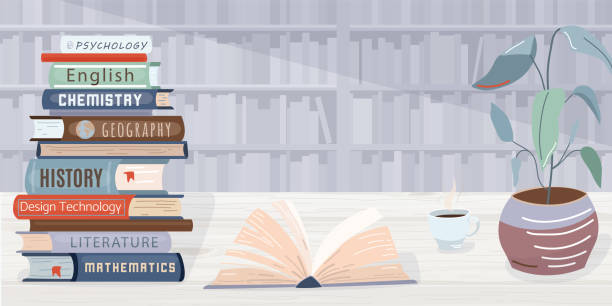 Library vector background. Pile books, open textbook, cup of coffee and plant locate on wooden table. The wall in the back side consists of bookshelves. Graphic elements in trendy flat style Library vector background. Pile books, open textbook, cup of coffee and plant locate on wooden table. The wall in the back side consists of bookshelves. Graphic elements in trendy flat style. textbook stock illustrations