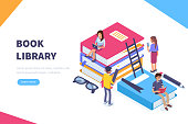 Book library concept banner with characters. Can use for web banner, infographics, hero images. Flat isometric vector illustration isolated on white background.