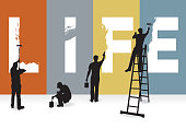 Life, Lifestyle, Relationship Concept Graphic. Silhouette illustration of painters painting the word LIFE on a wall.