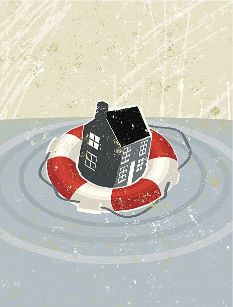 Life Ring Saving a House Safe as Houses! A stylized vector cartoon of a life preserver in water and a house, reminiscent of an old screen print poster and suggesting consequences, risk, danger, life saver, mortgages, home insurance, safe house, home, home finance, or home security. Ring, house, waves, water, paper texture, and background are on different layers for easy editing. Please note: clipping paths have been used, an eps version is included without the path. flooding stock illustrations