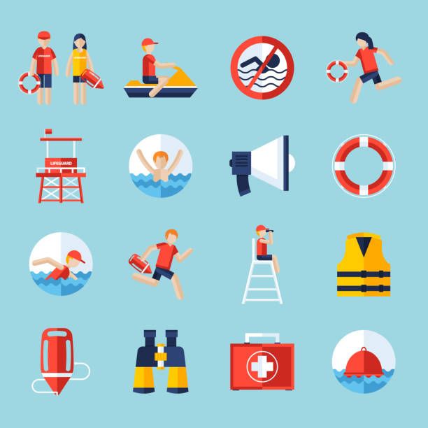 lifeguard icons Lifeguard flat icons set with swimming people and water rescue symbols isolated vector illustration lifeguard stock illustrations