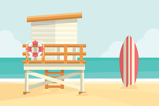 Lifeguard Tower Lifeguard tower and surfboard on a beach. Flat design style.  beach hut stock illustrations