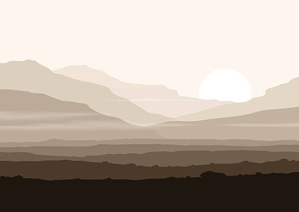 Lifeless landscape with huge mountains over sun. Lifeless landscape with huge mountains over sun. Vector panorama eps10. desert area silhouettes stock illustrations
