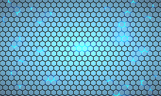 Light blue hexagonal technology abstract background with bright flashes