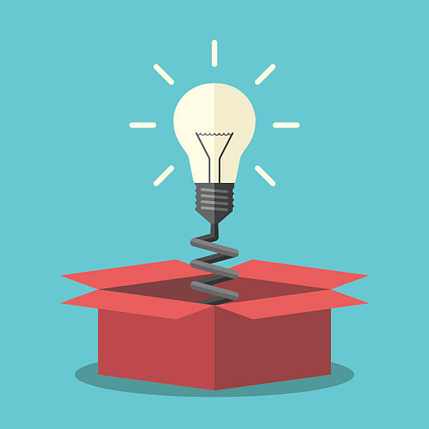Light bulb from box Glowing light bulb on spring appearing from red box. Creativity, innovation and aha moment concept. Flat design. EPS 8 vector illustration, no transparency outside the box stock illustrations