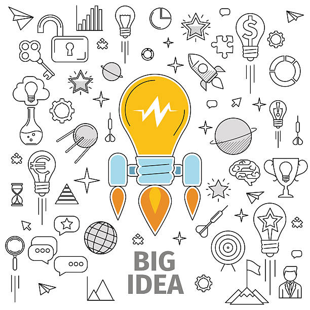 light bulb idea Line art flat concept of big idea. Illustration of a strategy for the development and promotion of the project in marketing and advertising. Promotion of the brand, product or idea, information wave. entrepreneur patterns stock illustrations