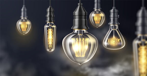 Light bulbs fog background. Realistic Edison lamps. 3D glowing objects in white mist. Focus or defocus lightbulbs hanging on electric wires. Loft vintage design. Blurred smoke backdrop. Vector concept