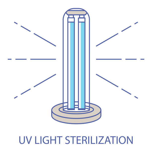 UV light disinfection color icon. Ultraviolet light sterilization of air and surfaces. Ultraviolet germicidal irradiation. Surface cleaning, medical decontamination procedure. UV lamp UV light disinfection color icon. Ultraviolet light sterilization of air and surfaces. Ultraviolet germicidal irradiation. Surface cleaning, medical decontamination procedure. UV lamp. Vector ultraviolet light stock illustrations