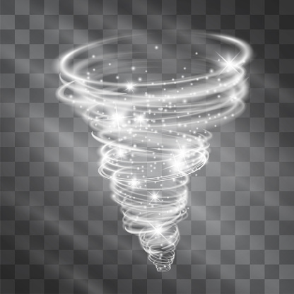 Light hurricane effect. Vector glowing tornado, swirling storm cone of shining stardust sparkles on transparent background. Glittering blizzard funnel, ice cold magical illumination. Whirlwind weather
