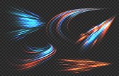Light motion trails. High speed effect motion blur night lights in blue and red colors, futuristic abstract flash perspective road glow streaks long time exposure vector set on transparent background