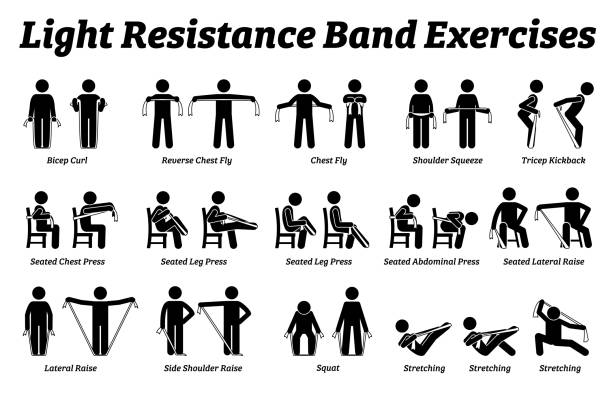 Light resistance band exercises and stretch workout techniques in step by step. vector art illustration